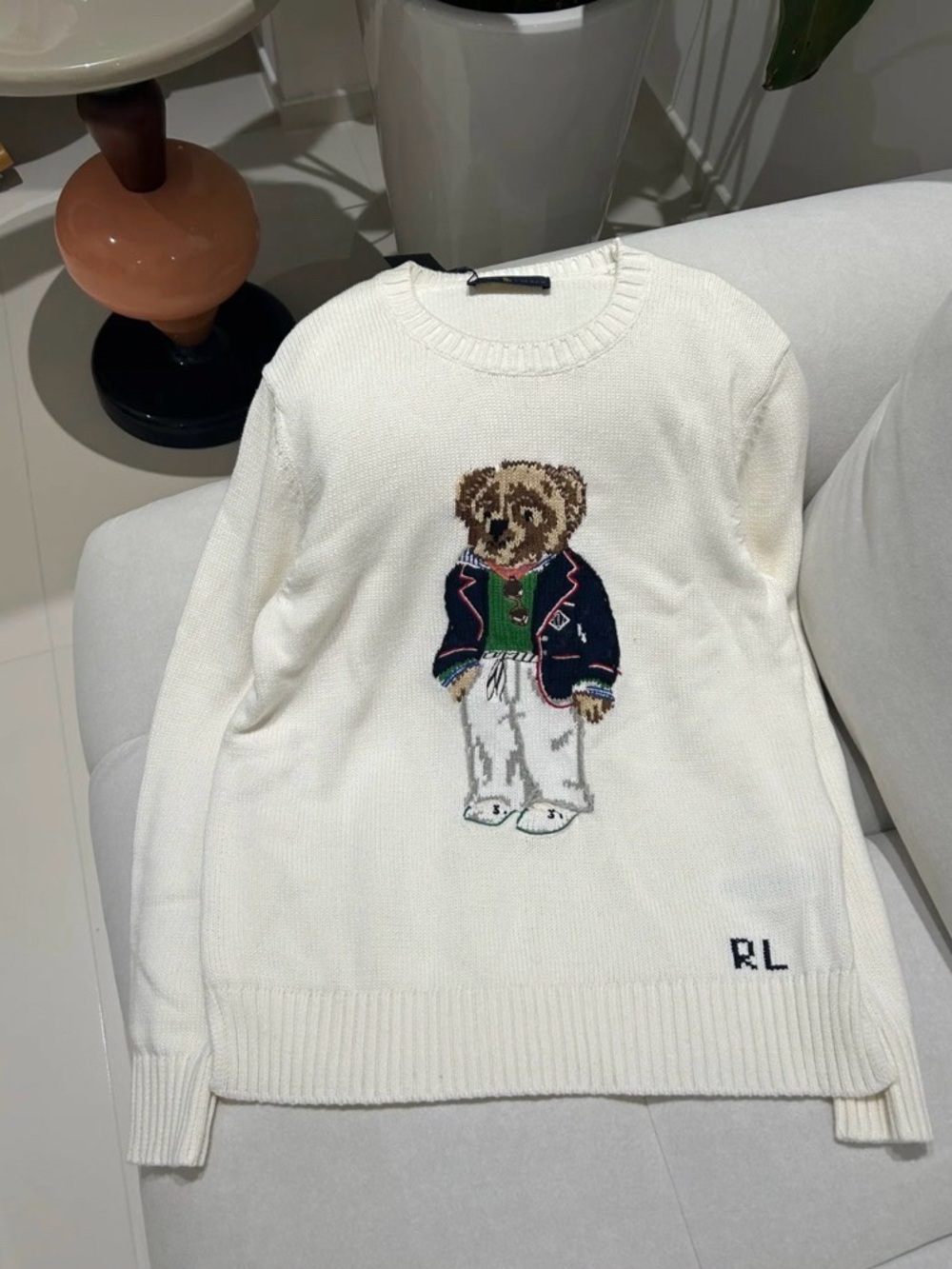 Polo by Ralph Lauren Cream Polo Bear Intarsia Crewneck Sweater